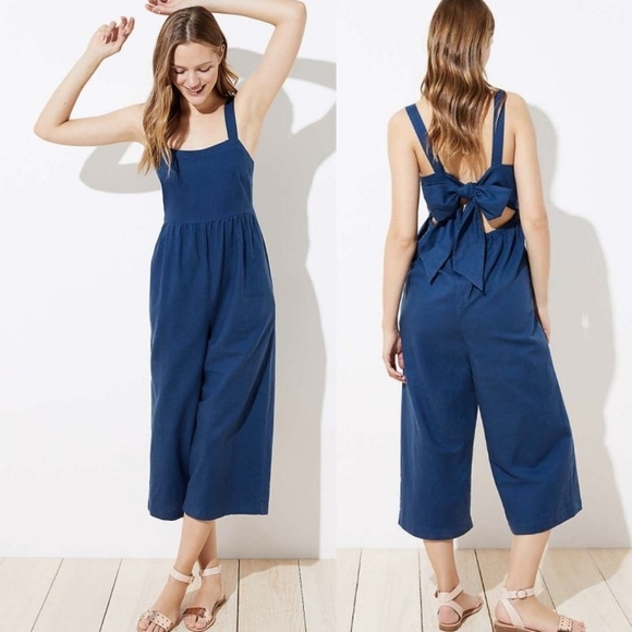 LOFT Pants - LOFT Beach | Blue Linen Blend Tie Back Cropped Jumpsuit Size Small W/ Pockets